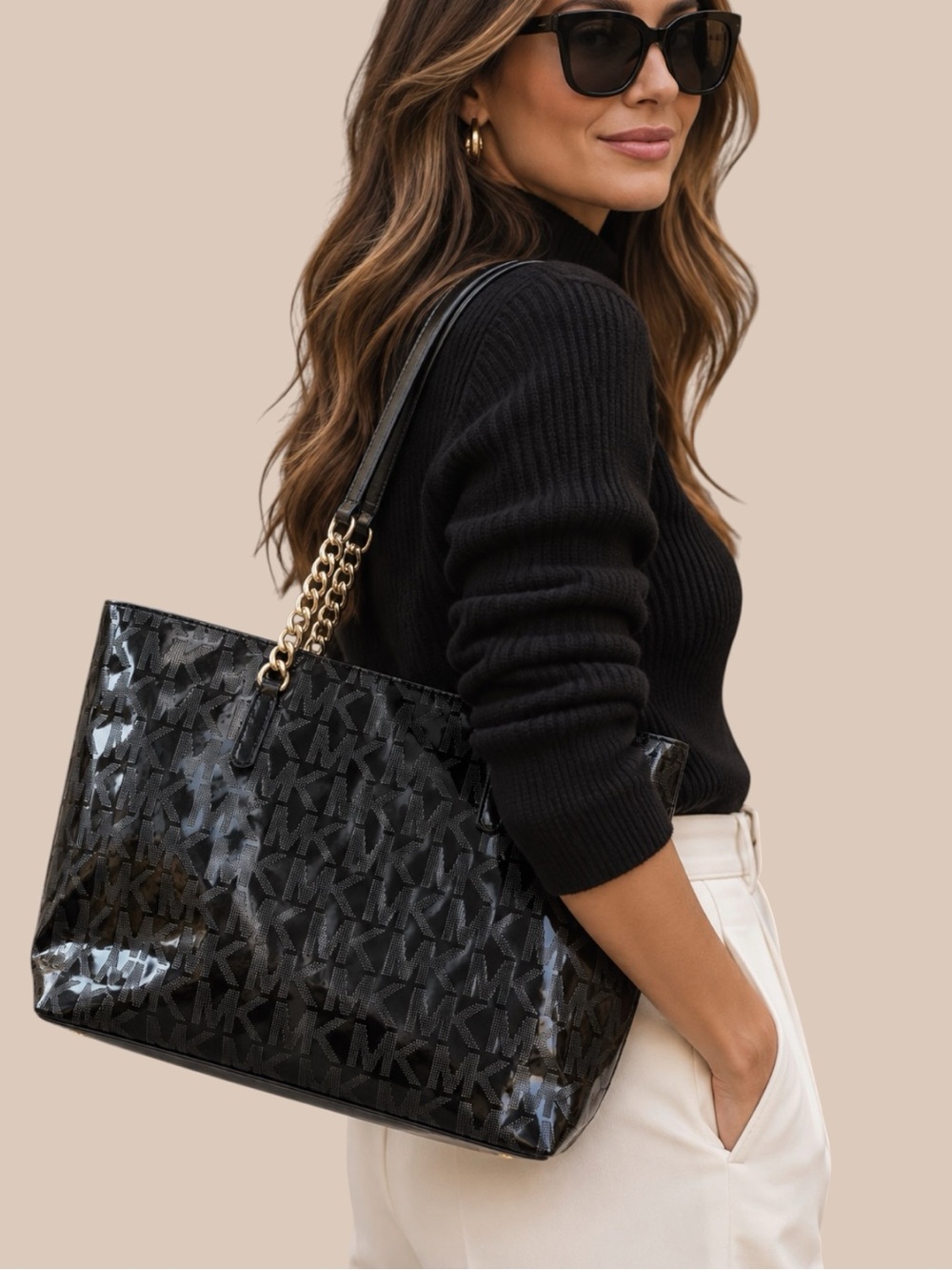 Michael Kors Black Patent MK Logo Chain Tote Bag